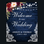 Weddenschap Rustic Blue Wood Lightlace Burgundy Poster<br><div class="desc">Rustic Wedding Blue Wood String Lights Lace Burgundy Floral Poster</div>