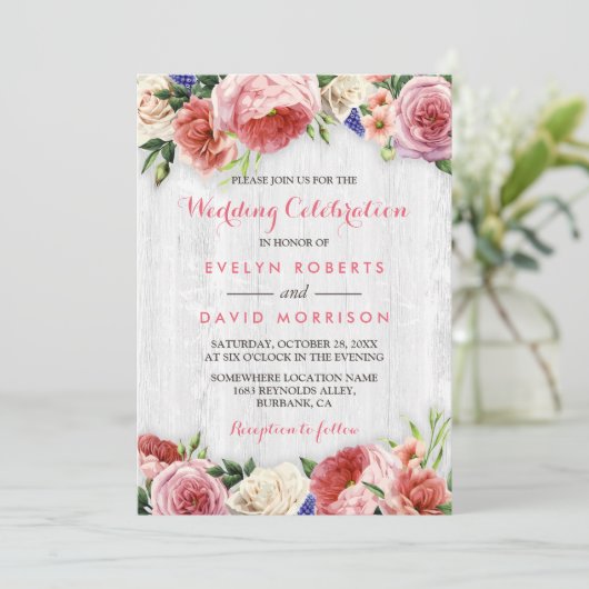 Weddenschap Rustic Floral Chic White Wood Kaart (Staand voorkant)