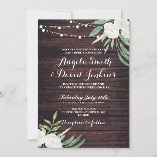 Weddenschap Rustic White Flower Wood Invitation Kaart (Voorkant)