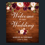 Weddenschap Rustic Wood Burgundy Floral Welkom Poster<br><div class="desc">Rustic Wood Waterverf Burgundy Marsala Floral Wedding Welcome Poster</div>