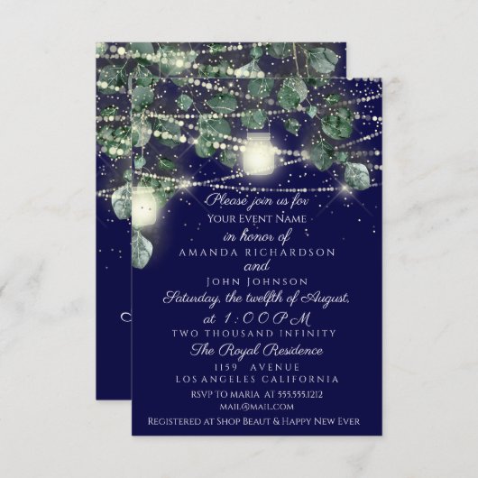 Weddenschap Rustic Wood Golden Jar Lights Blue Nav Kaart (Voorkant / Achterkant)