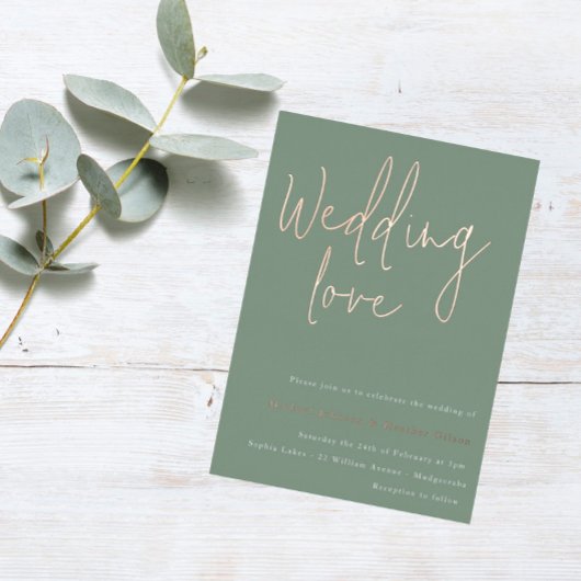 Weddenschap: Sage Green & Roos Gold Wedding Folie Uitnodiging