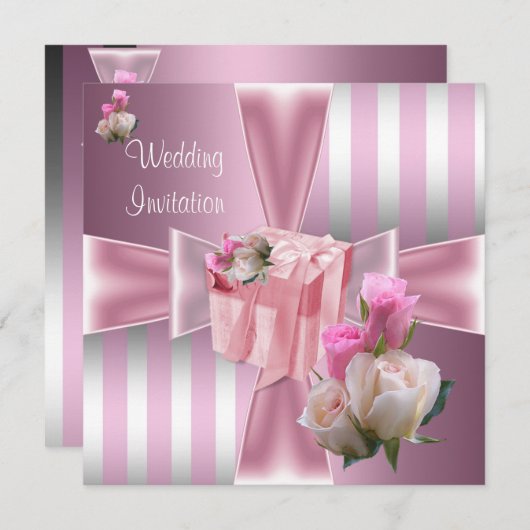 Weddenschap  Satin Pink Silver Stripe Bow Kaart (Voorkant / Achterkant)