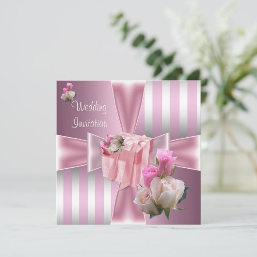 Weddenschap  Satin Pink Silver Stripe Bow Kaart (Staand voorkant)