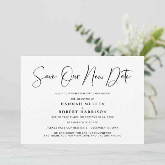 Weddenschap Save Our New Date Postponement Black W Aankondiging (Staand voorkant)
