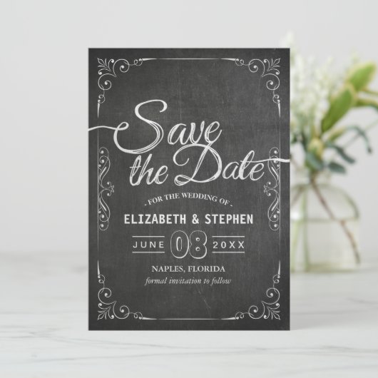 Weddenschap Save the Date Black Gold Script Chalkb (Staand voorkant)