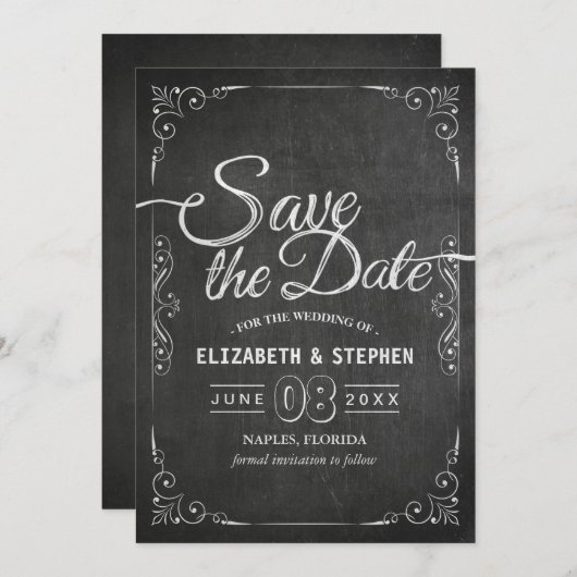 Weddenschap Save the Date Black Gold Script Chalkb (Voorkant / Achterkant)