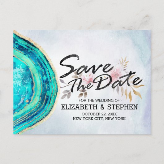 Weddenschap Save the Date Blauwgroen Gold Agate Ge Aankondigingskaart (Voorkant)