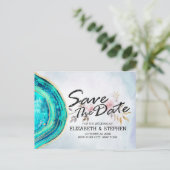 Weddenschap Save the Date Blauwgroen Gold Agate Ge Aankondigingskaart (Staand voorkant)