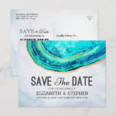 Weddenschap Save the Date Blauwgroen Gold Agate Ge Aankondigingskaart (Voorkant / Achterkant)