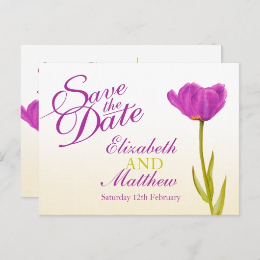 Weddenschap Save the Date Briefkaart paars tulip a (Voorkant / Achterkant)