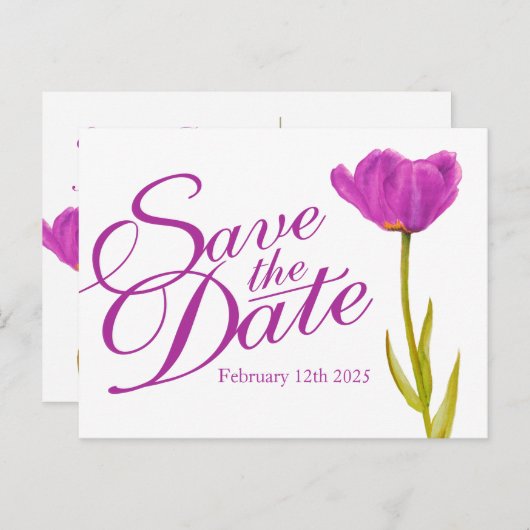 Weddenschap Save the Date Briefkaart paars tulip a (Voorkant / Achterkant)