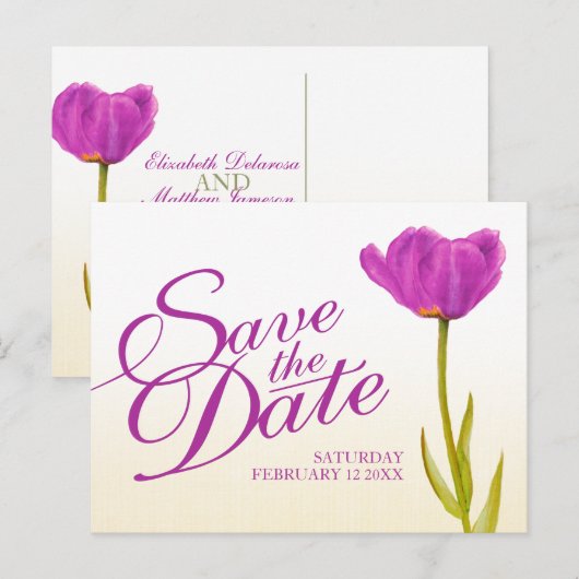 Weddenschap Save the Date Briefkaart paars tulip a (Voorkant / Achterkant)