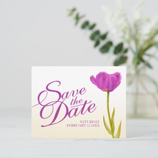 Weddenschap Save the Date Briefkaart paars tulip a (Staand voorkant)