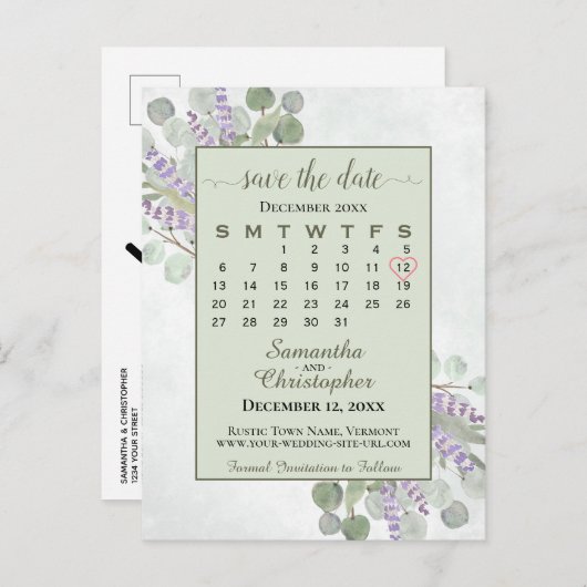 Weddenschap Save the Date Calendar Eucalyptus Gree Aankondigingskaart (Voorkant / Achterkant)