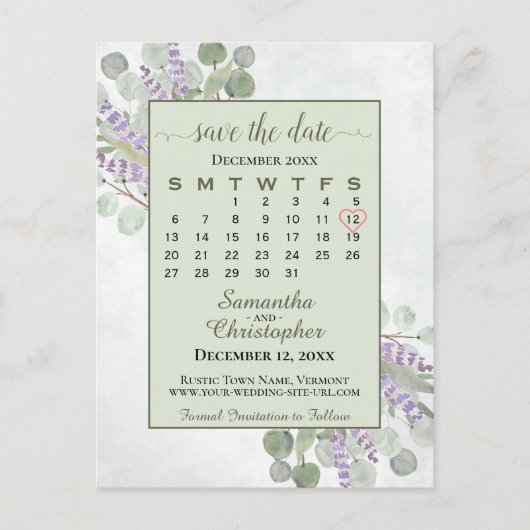 Weddenschap Save the Date Calendar Eucalyptus Gree Aankondigingskaart (Voorkant)