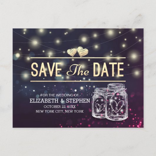 Weddenschap Save The Date Chic Mason Jar Paarse Li Aankondigingskaart (Voorkant)