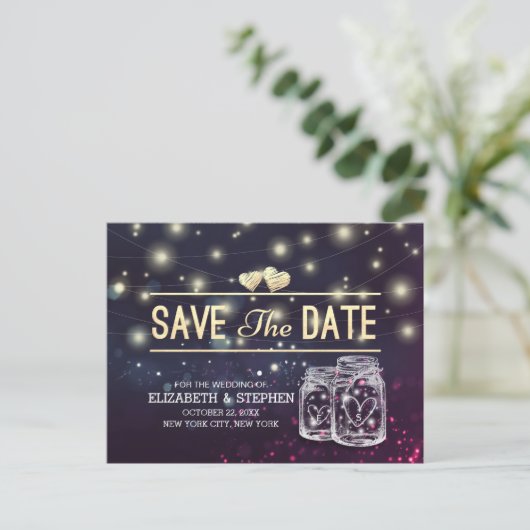 Weddenschap Save The Date Chic Mason Jar Paarse Li Aankondigingskaart (Staand voorkant)