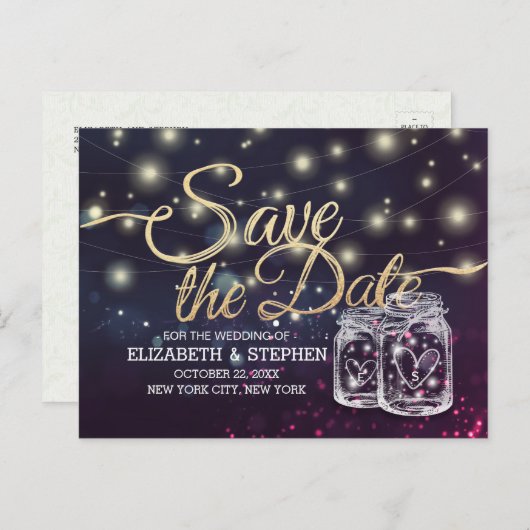 Weddenschap Save The Date Chic Mason Jar Paarse Li Aankondigingskaart (Voorkant / Achterkant)