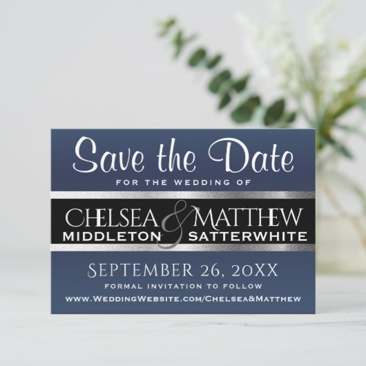 Weddenschap Save the Date Dark Blue and Silver (Staand voorkant)
