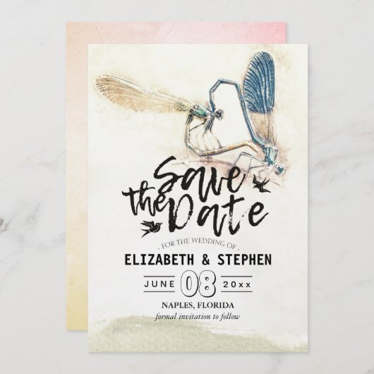 Weddenschap Save the Date Dragonfly Mating Love He (Voorkant / Achterkant)