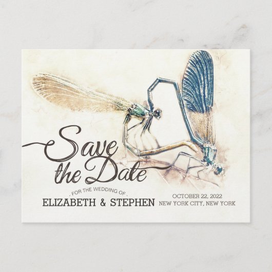 Weddenschap Save the Date Dragonfly Mating Love He Aankondigingskaart (Voorkant)
