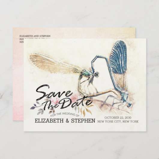 Weddenschap Save the Date Dragonfly Mating Love He Aankondigingskaart (Voorkant / Achterkant)
