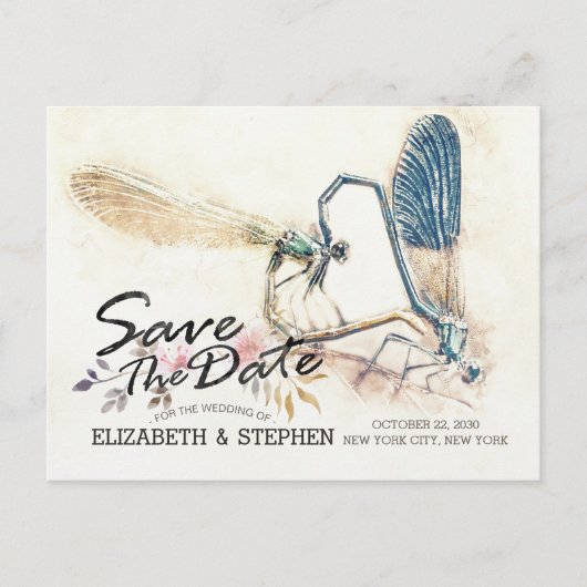 Weddenschap Save the Date Dragonfly Mating Love He Aankondigingskaart (Voorkant)