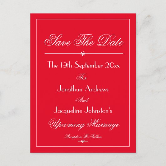Weddenschap Save the Date Elegant Chic Red Uitnodiging Briefkaart (Voorkant)