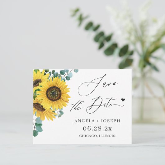 Weddenschap Save the Date Eucalyptus Sunflower Briefkaart (Staand voorkant)