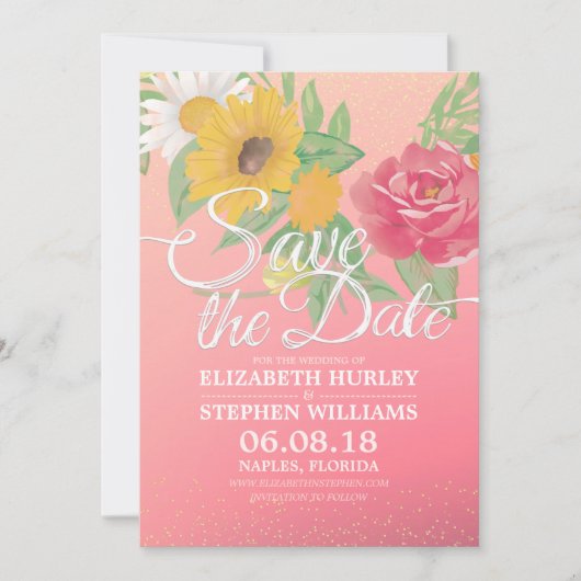 Weddenschap Save the Date Flowers Pink Gold Glitte (Voorkant)