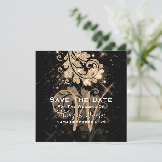 Weddenschap Save The Date Gold Glitter Floral Swir (Staand voorkant)