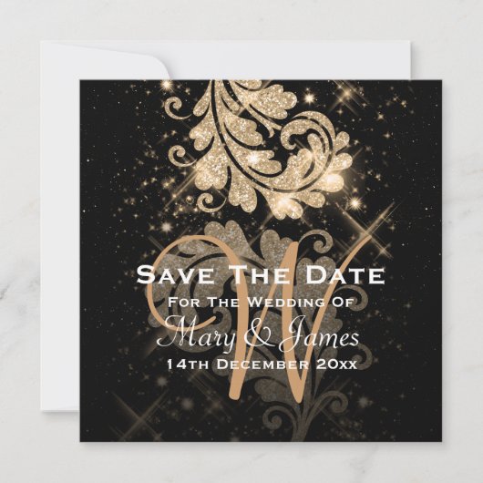 Weddenschap Save The Date Gold Glitter Floral Swir (Voorkant)