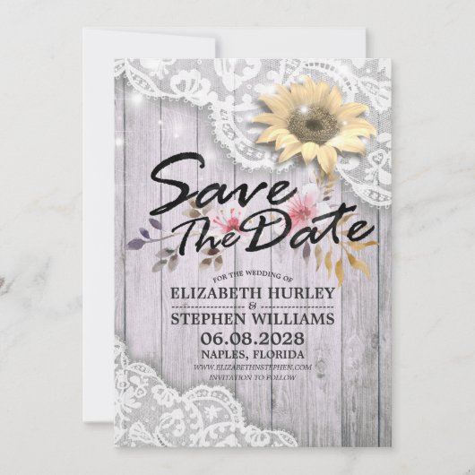 Weddenschap Save The Date Lace Sunflower Wood Lich (Voorkant)