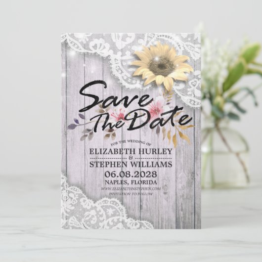 Weddenschap Save The Date Lace Sunflower Wood Lich (Staand voorkant)