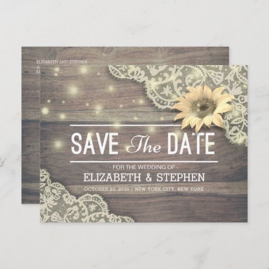 Weddenschap Save The Date Lace Sunflower Wood Lich Aankondigingskaart (Voorkant / Achterkant)