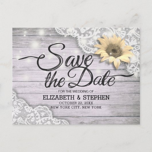 Weddenschap Save The Date Lace Sunflower Wood Lich Aankondigingskaart (Voorkant)
