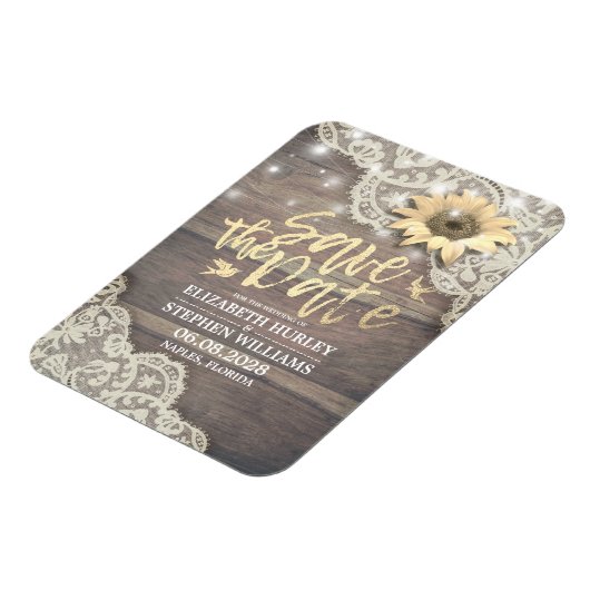 Weddenschap Save The Date Lace Sunflower Wood Lich Magneet (Linkerzijde)