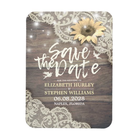 Weddenschap Save The Date Lace Sunflower Wood Lich Magneet (Verticaal)