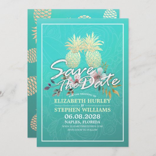 Weddenschap Save the Date Modern Gold Pineapple Co (Voorkant / Achterkant)
