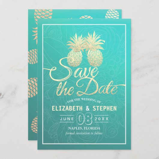 Weddenschap Save the Date Modern Gold Pineapple Co (Voorkant / Achterkant)