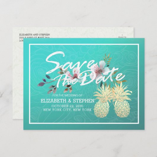 Weddenschap Save the Date Modern Gold Pineapple Co Aankondigingskaart (Voorkant / Achterkant)