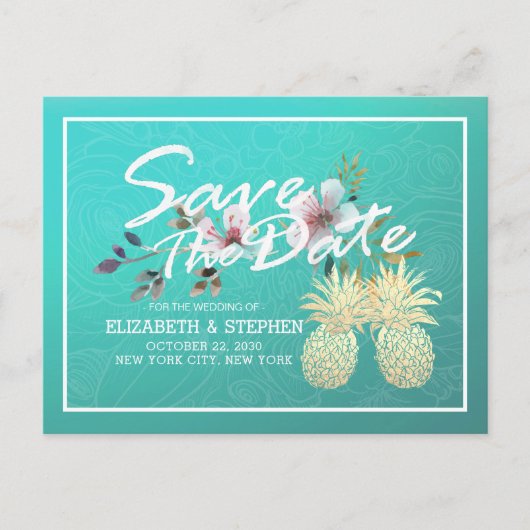 Weddenschap Save the Date Modern Gold Pineapple Co Aankondigingskaart (Voorkant)