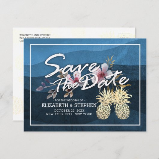 Weddenschap Save the Date Modern Gold Pineapple Co Aankondigingskaart (Voorkant / Achterkant)