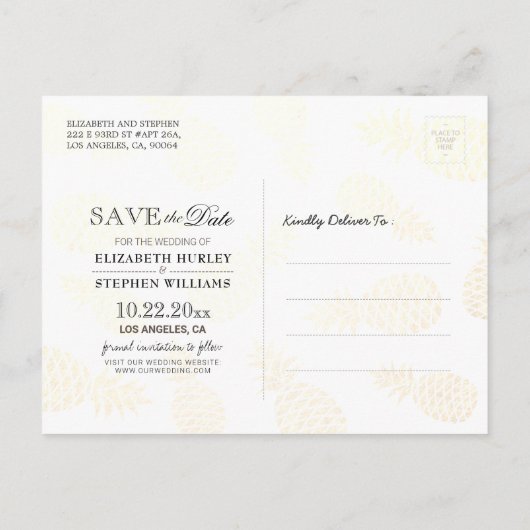 Weddenschap Save the Date Modern Gold Pineapple Co Aankondigingskaart (Achterkant)