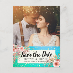 Weddenschap Save The Date Photo Floral Blauwgroen Aankondigingskaart