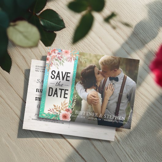 Weddenschap Save The Date Photo Floral Blauwgroen Aankondigingskaart