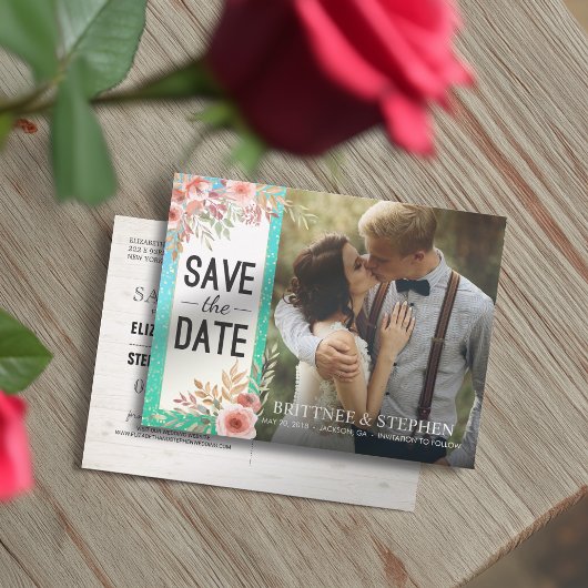 Weddenschap Save The Date Photo Floral Blauwgroen  Aankondigingskaart