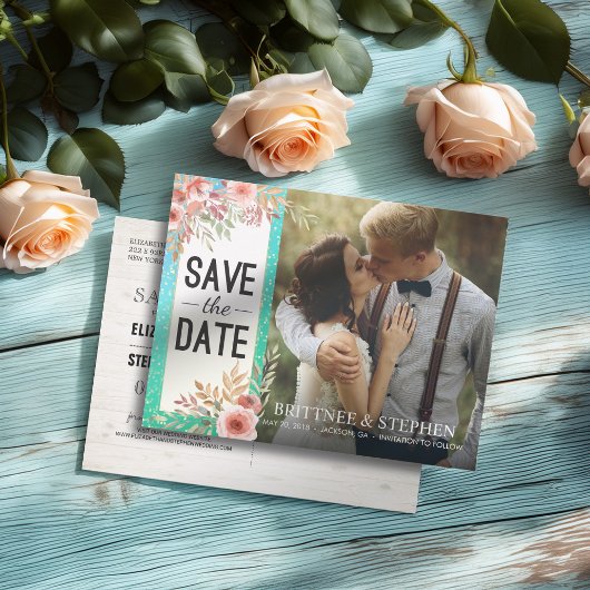 Weddenschap Save The Date Photo Floral Blauwgroen Aankondigingskaart
