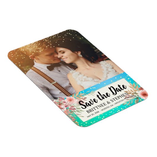 Weddenschap Save The Date Photo Floral Blauwgroen  Magneet (Rechterzijde)